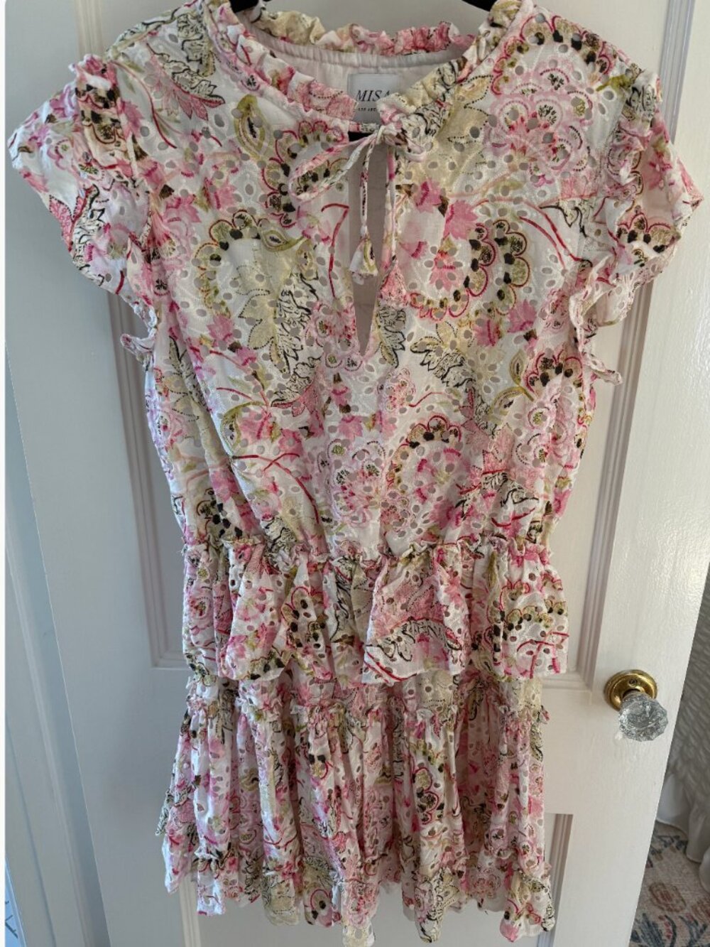 MISA Los Angeles Ruffled Eyelet Mini Dress Large Pink Floral Tiered